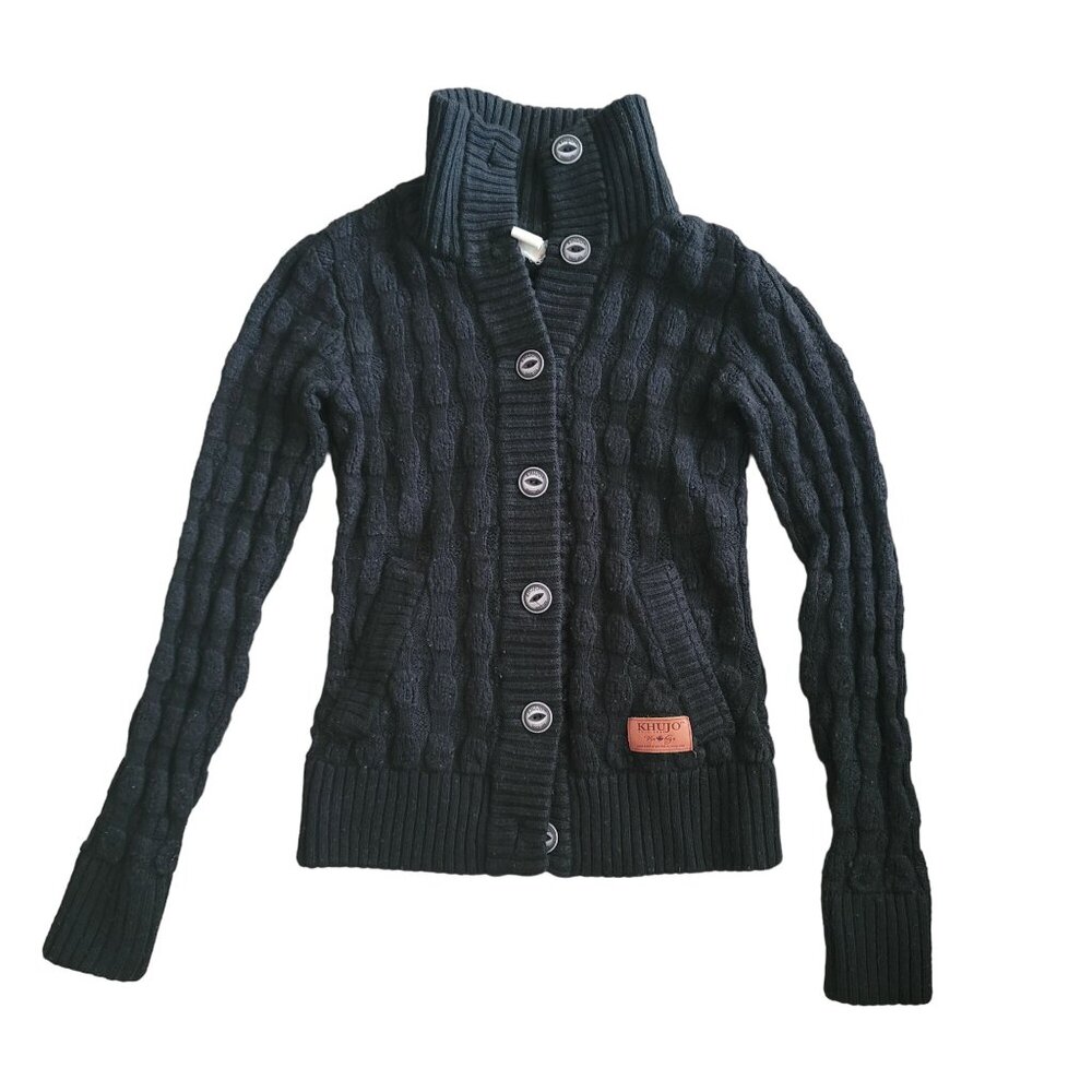 Khujo Women's Black Chunky Knit Button-Up Cardigan Sweater sz Small 100% Cotton